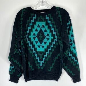 Vintage Koman Aztec Turquoise Black Crewneck Sweater Small